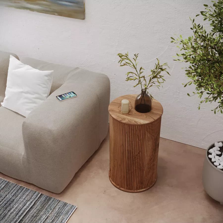 Tavolino rotondo 40 cm in legno di acacia cannettato - Freia Stone