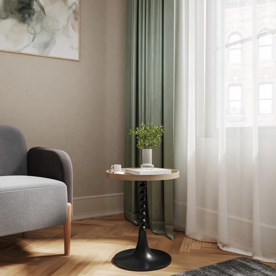 Tavolino rotondo 45x55h cm top effetto legno e struttura intarsiata nera - Bryce