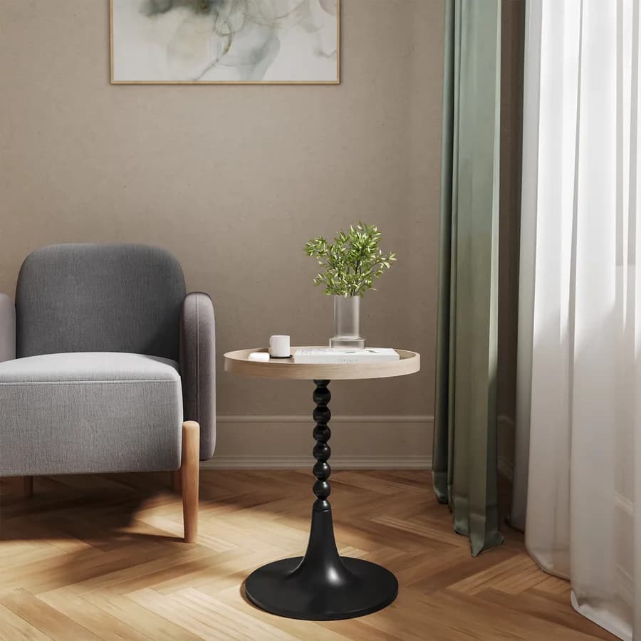Tavolino rotondo 45x55h cm top effetto legno e struttura intarsiata nera - Bryce
