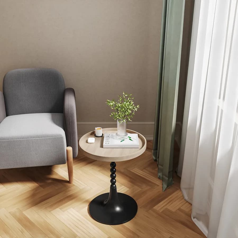 Tavolino rotondo 45x55h cm top effetto legno e struttura intarsiata nera - Bryce