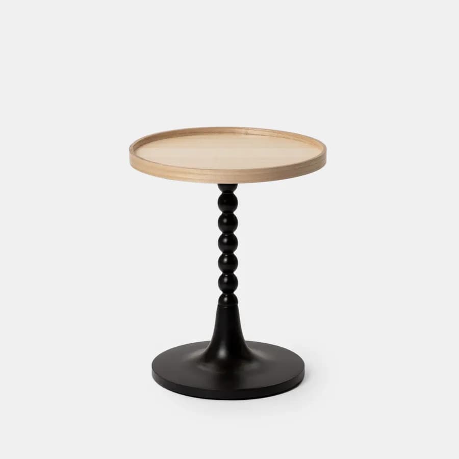 Tavolino rotondo 45x55h cm top effetto legno e struttura intarsiata nera - Bryce