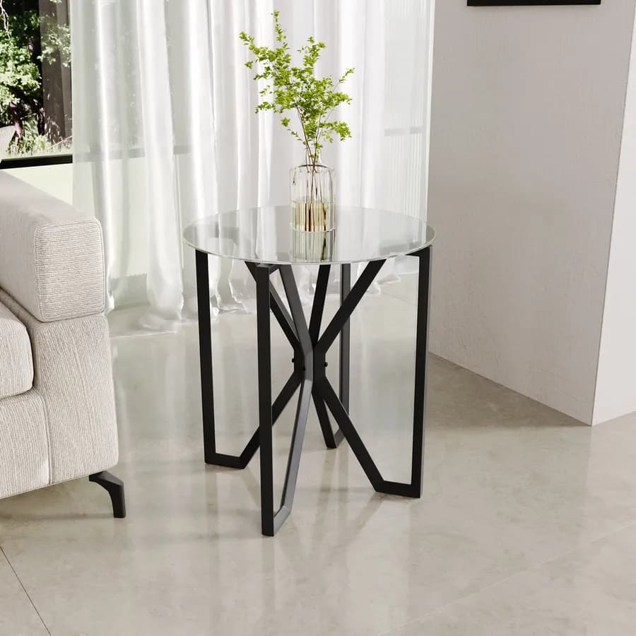 Tavolino rotondo 50x55h cm in vetro temperato 5 mm con gambe in acciaio nero - Jacob