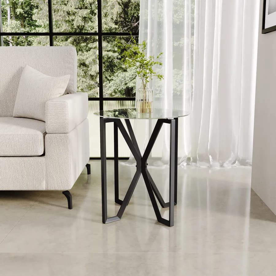 Tavolino rotondo 50x55h cm in vetro temperato 5 mm con gambe in acciaio nero - Jacob