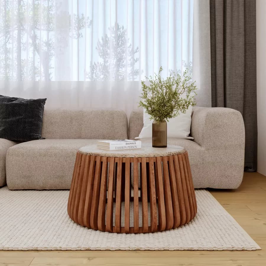 Tavolino rotondo 78 cm in legno di acacia naturale con piano in travertino - Karan