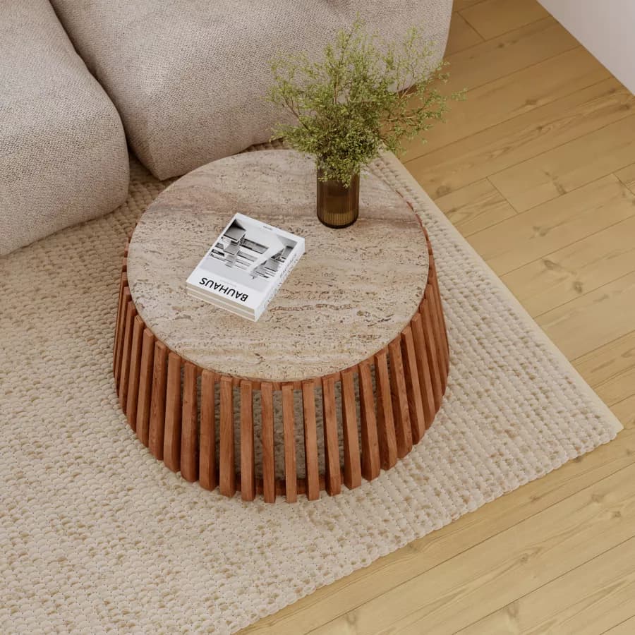 Tavolino rotondo 78 cm in legno di acacia naturale con piano in travertino - Karan