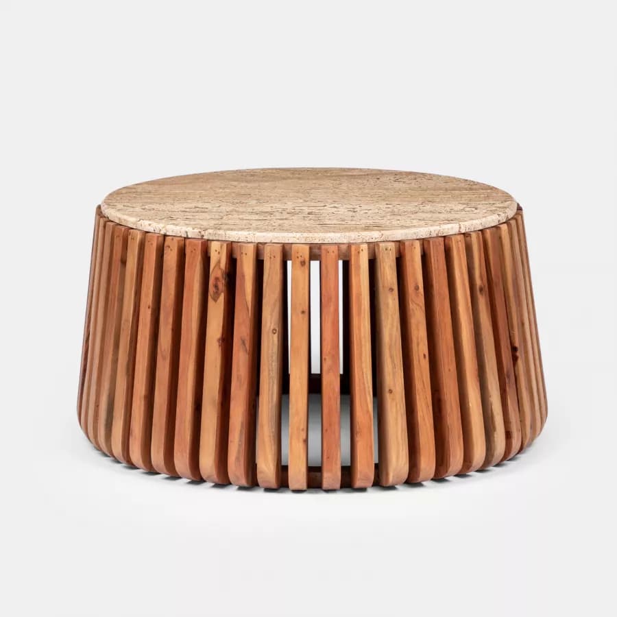 Tavolino rotondo 78 cm in legno di acacia naturale con piano in travertino - Karan