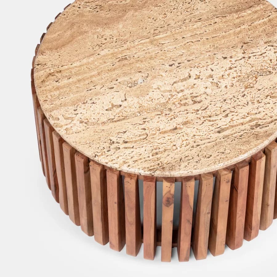Tavolino rotondo 78 cm in legno di acacia naturale con piano in travertino - Karan