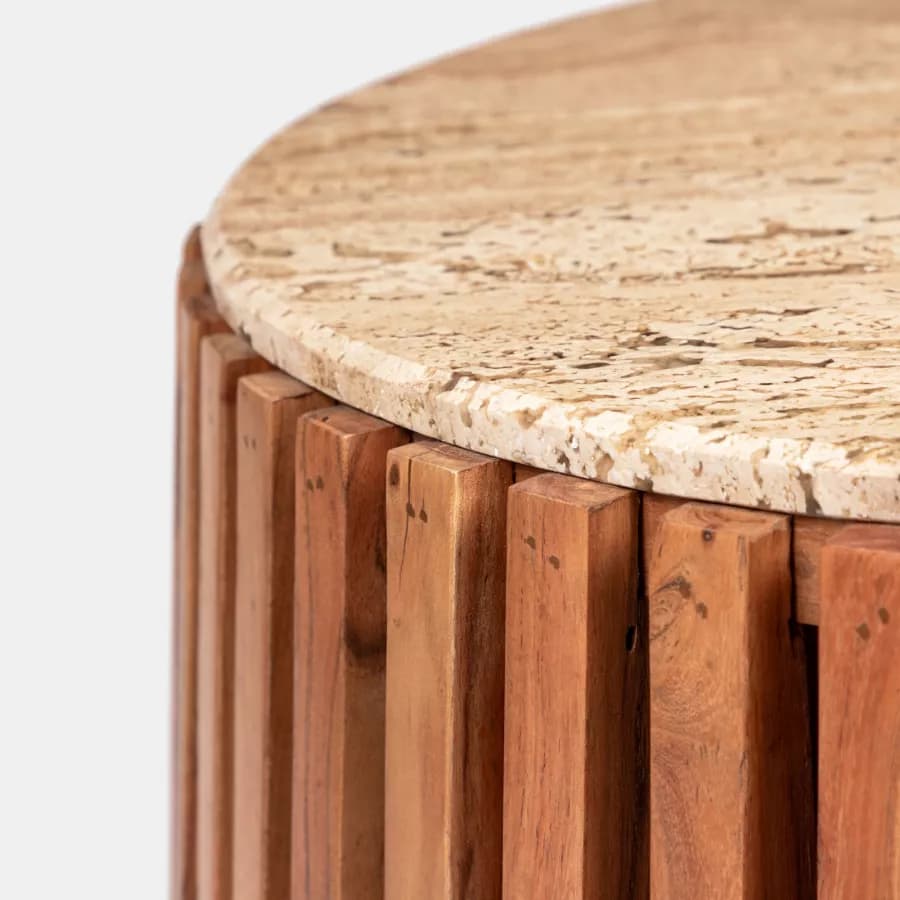 Tavolino rotondo 78 cm in legno di acacia naturale con piano in travertino - Karan