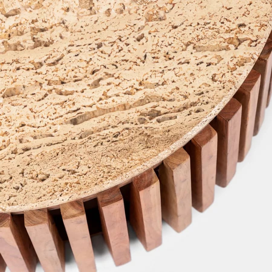 Tavolino rotondo 78 cm in legno di acacia naturale con piano in travertino - Karan