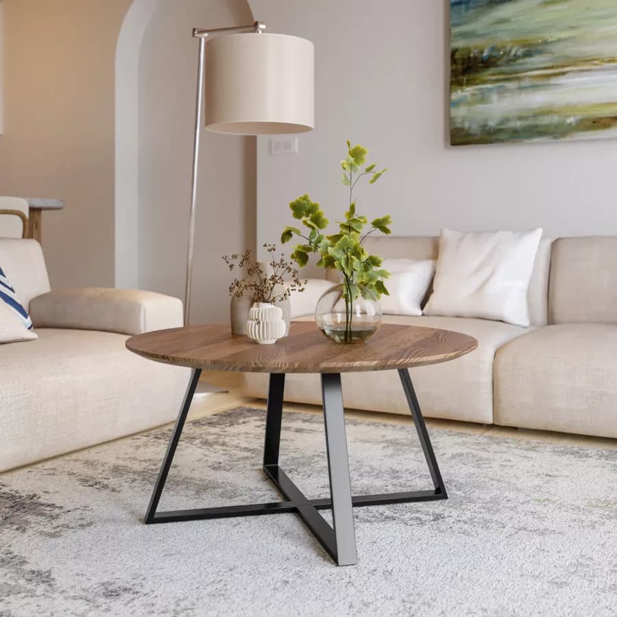 Tavolino rotondo 80 cm con piano in legno color castagno e gambe incrociate nere - Cage