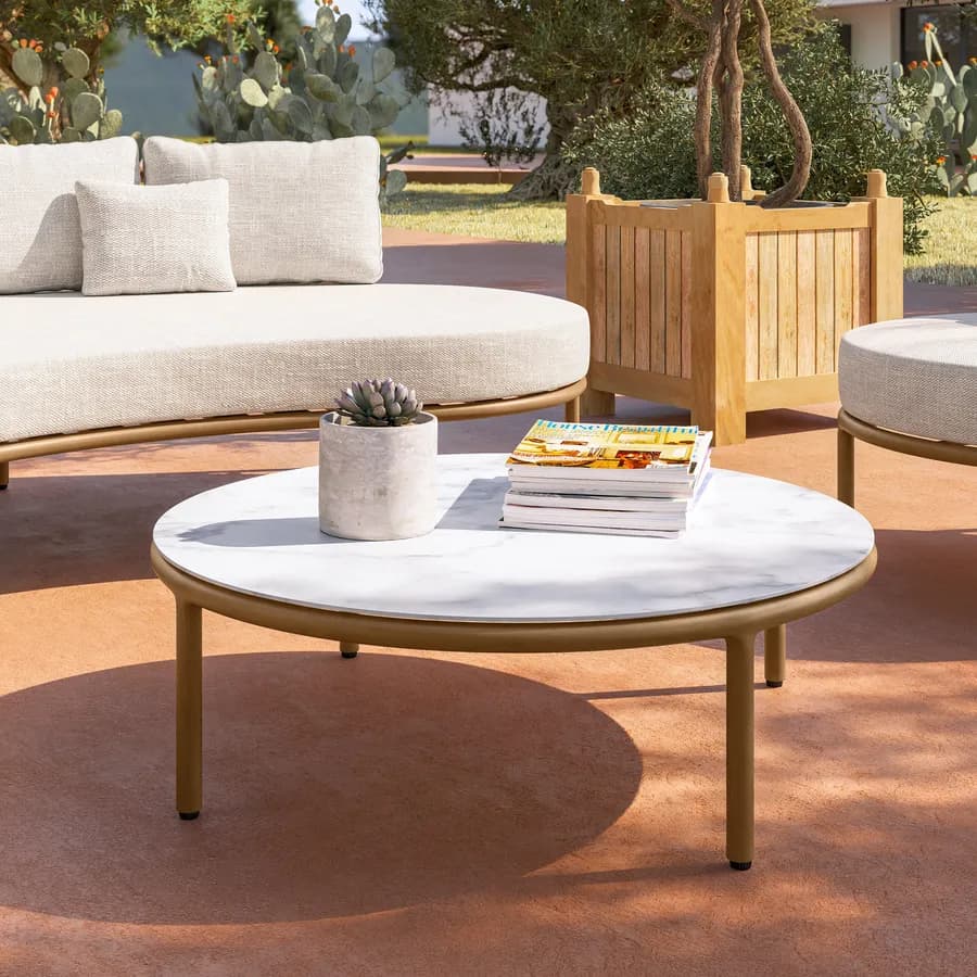 Tavolino rotondo 85 cm in alluminio effetto legno e top effetto marmo bianco - Keanu