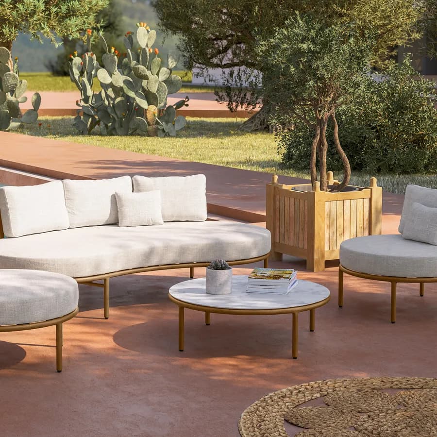 Tavolino rotondo 85 cm in alluminio effetto legno e top effetto marmo bianco - Keanu