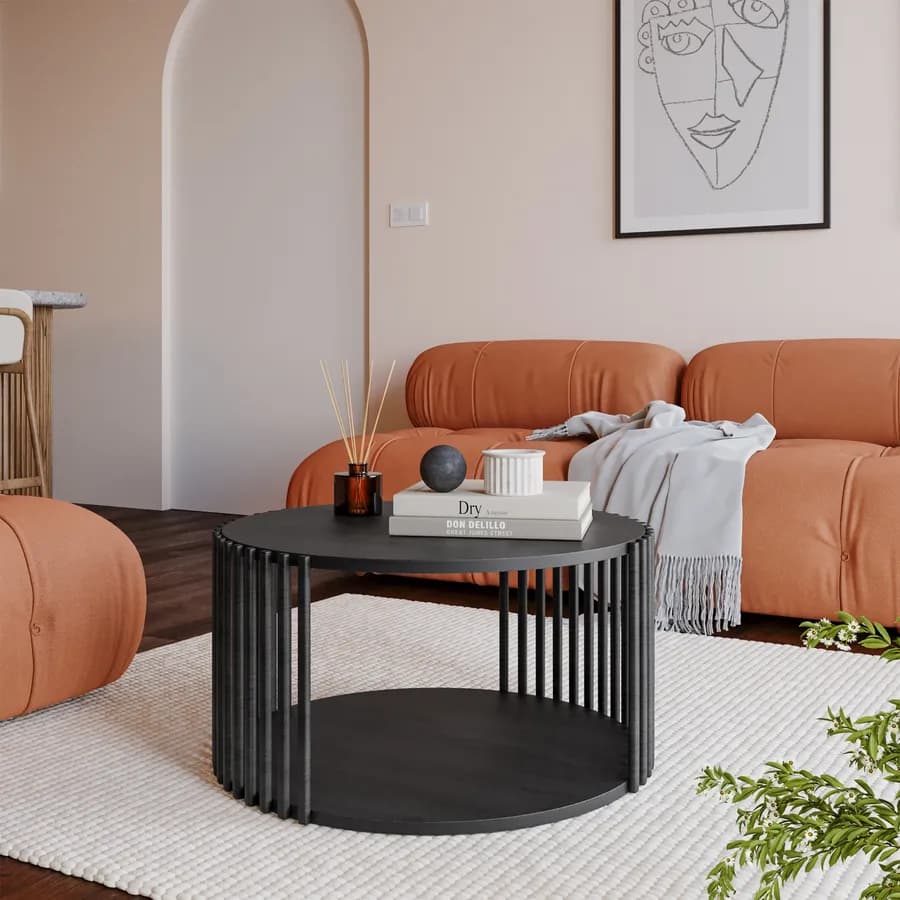 Tavolino rotondo 70 cm in legno di mango nero cannettato con vano portaoggetti - Malua