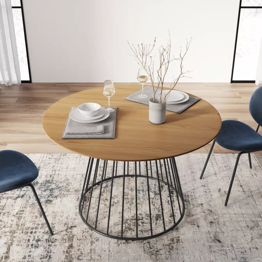 Tavolo da pranzo rotondo 120 cm con piano in rovere e struttura nera - Lizel