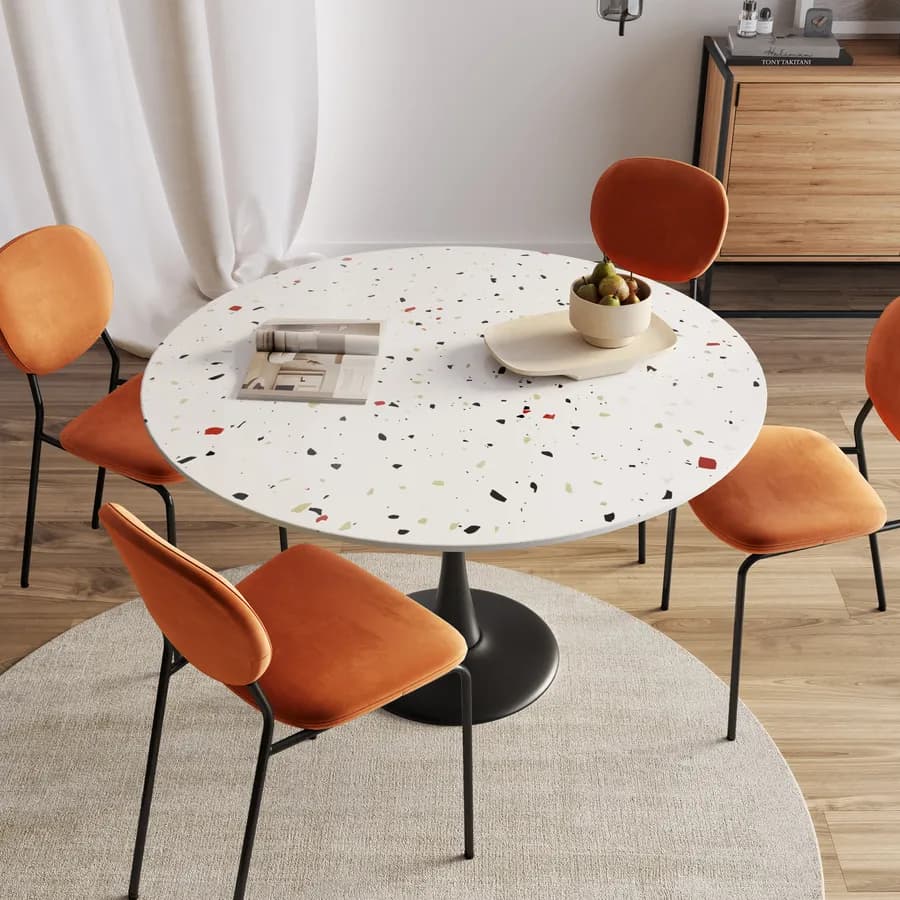 Tavolo rotondo 120 cm struttura nera e top stone effetto terrazzo veneziano - Tulipano