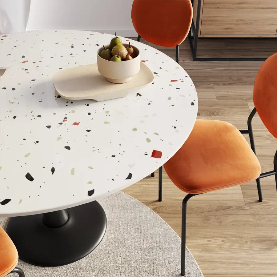 Tavolo rotondo 120 cm struttura nera e top stone effetto terrazzo veneziano - Tulipano