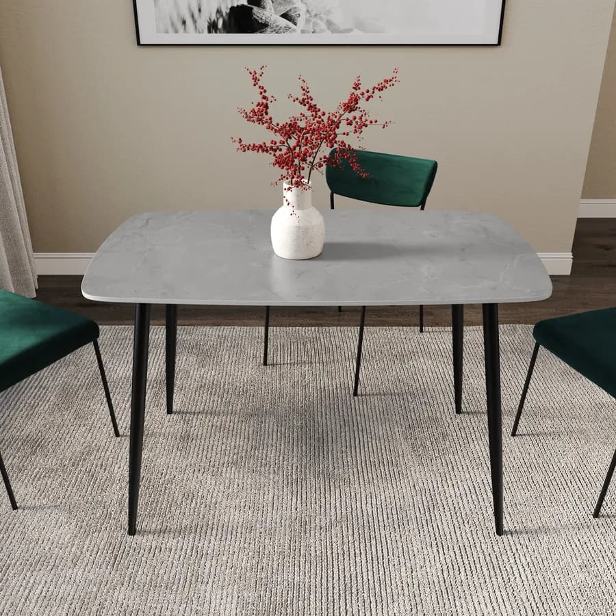 Tavolo 120x70 cm con piano in pietra effetto marmo grigio e gambe in metallo nero - Harvey