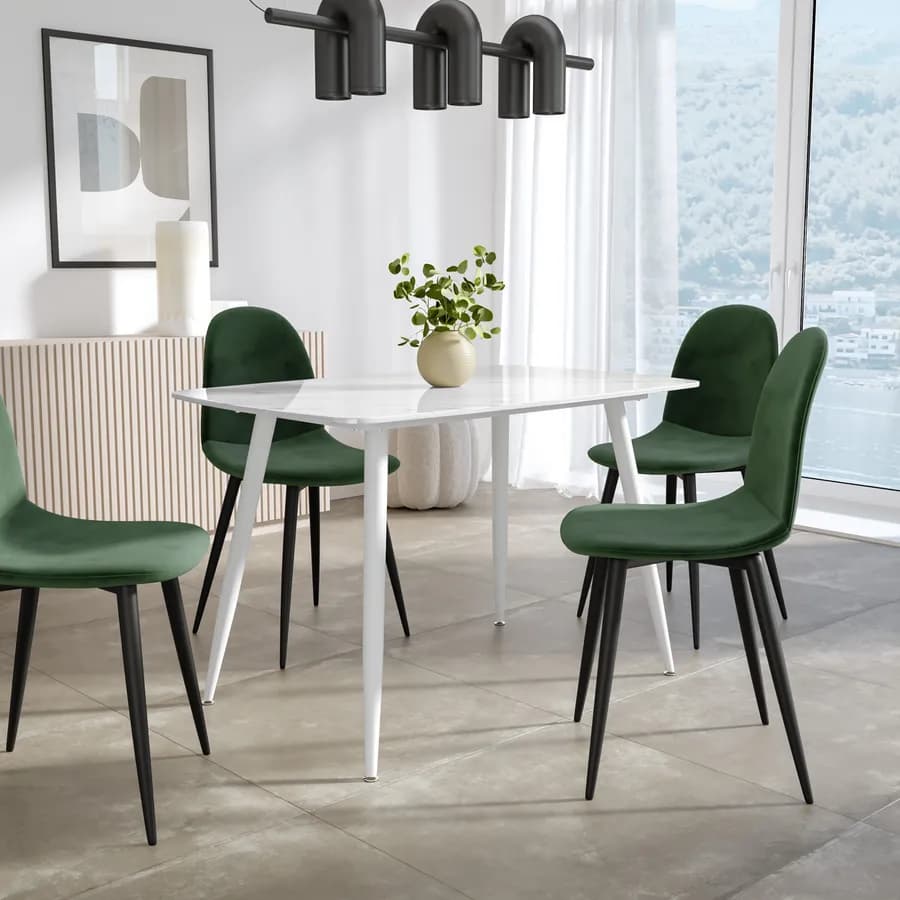 Tavolo 120x75 cm con piano in ceramica effetto marmo bianco e gambe in metallo bianco - Azure