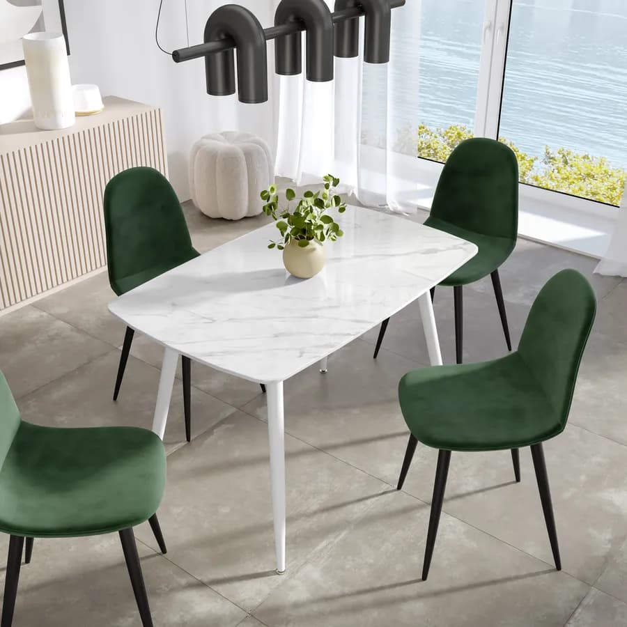 Tavolo 120x75 cm con piano in ceramica effetto marmo bianco e gambe in metallo bianco - Azure