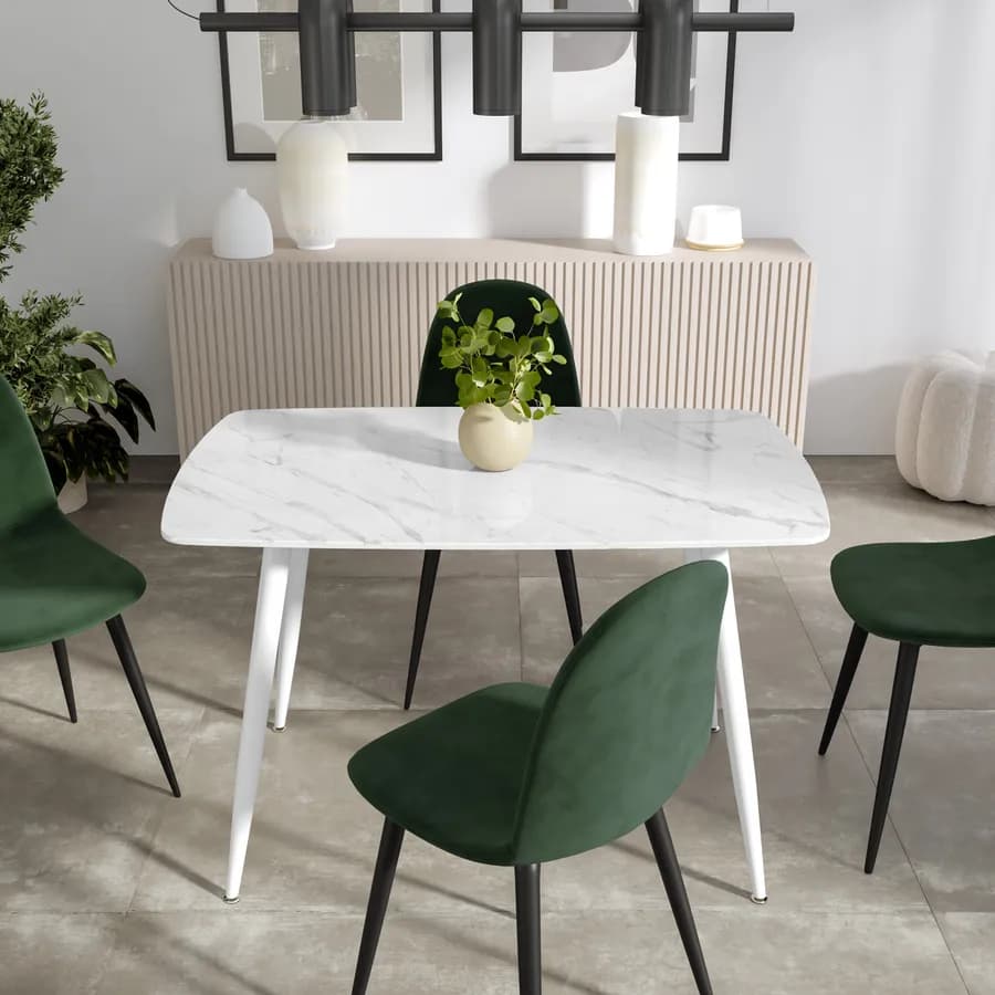 Tavolo 120x75 cm con piano in ceramica effetto marmo bianco e gambe in metallo bianco - Azure