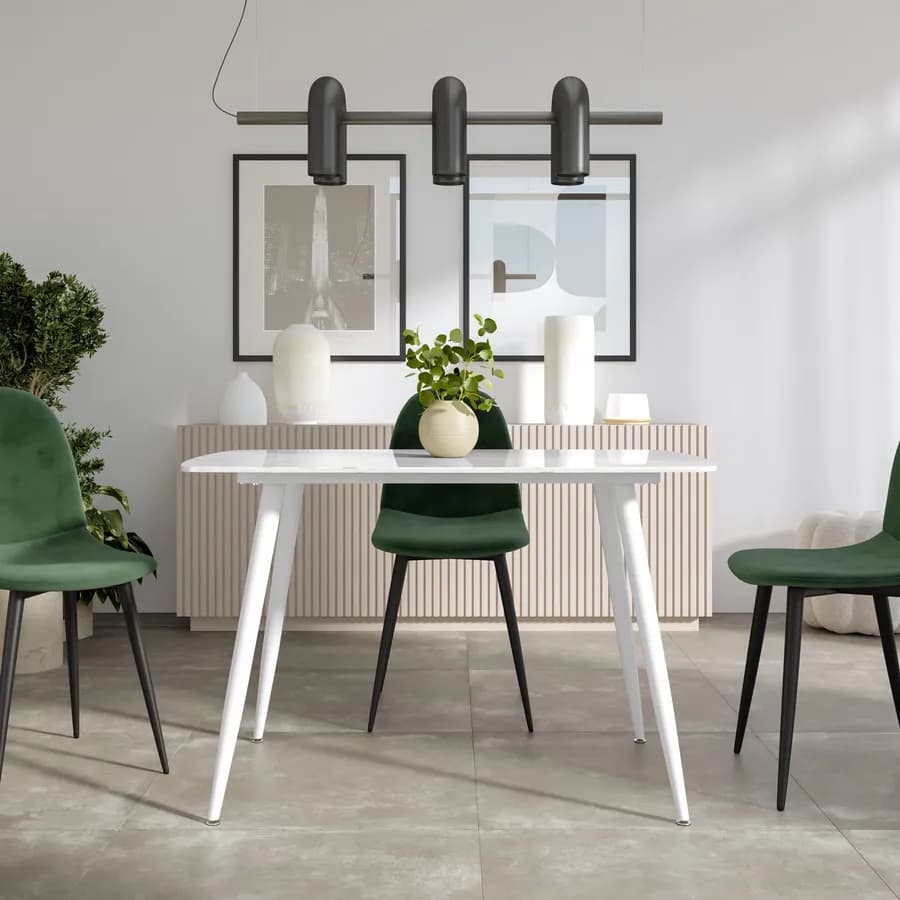 Tavolo 120x75 cm con piano in ceramica effetto marmo bianco e gambe in metallo bianco - Azure