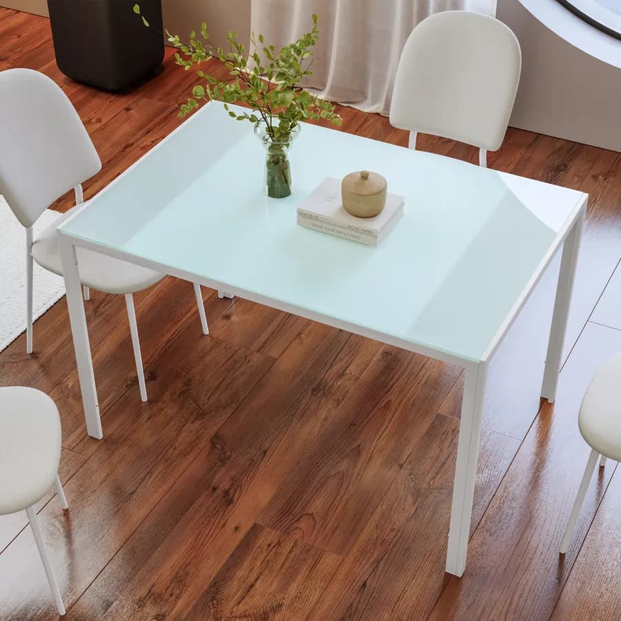 Tavolo 120x80 cm con top in vetro temperato bianco e gambe in metallo - Styloi