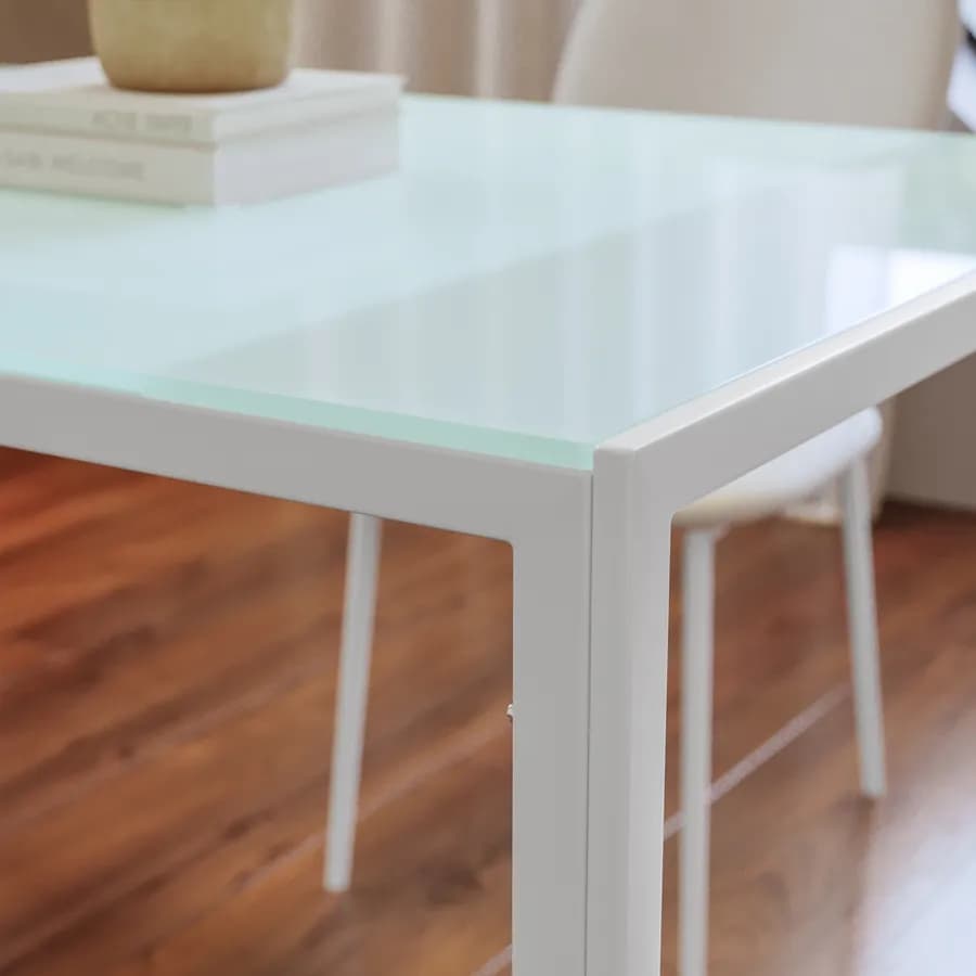 Tavolo 120x80 cm con top in vetro temperato bianco e gambe in metallo - Styloi