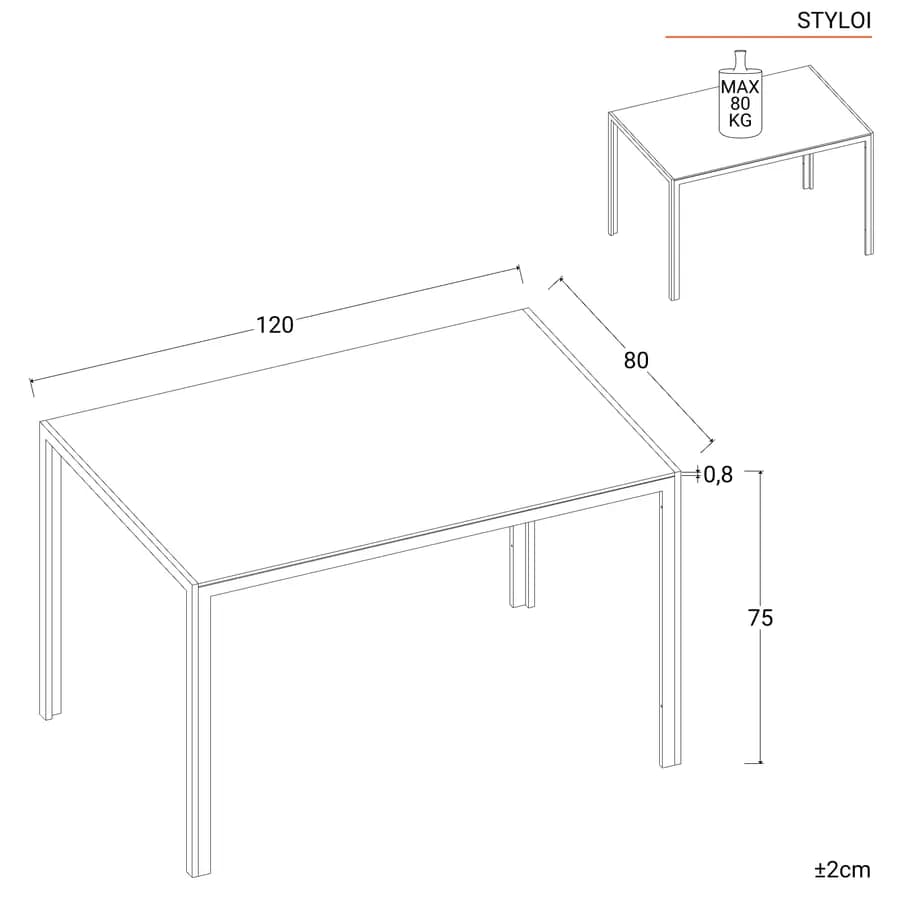 Tavolo 120x80 cm con top in vetro temperato tortora e gambe in metallo - Styloi