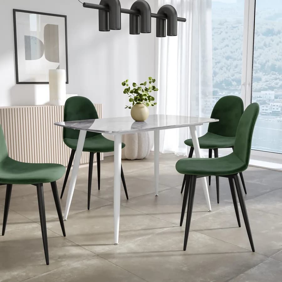 Tavolo 120x75 cm con piano in ceramica effetto marmo grigio chiaro e gambe in metallo bianco - Azure