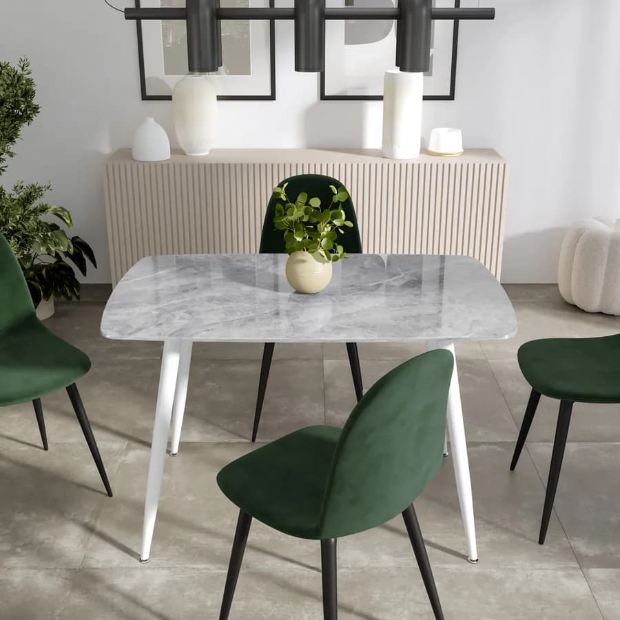 Tavolo 120x75 cm con piano in ceramica effetto marmo grigio chiaro e gambe in metallo bianco - Azure