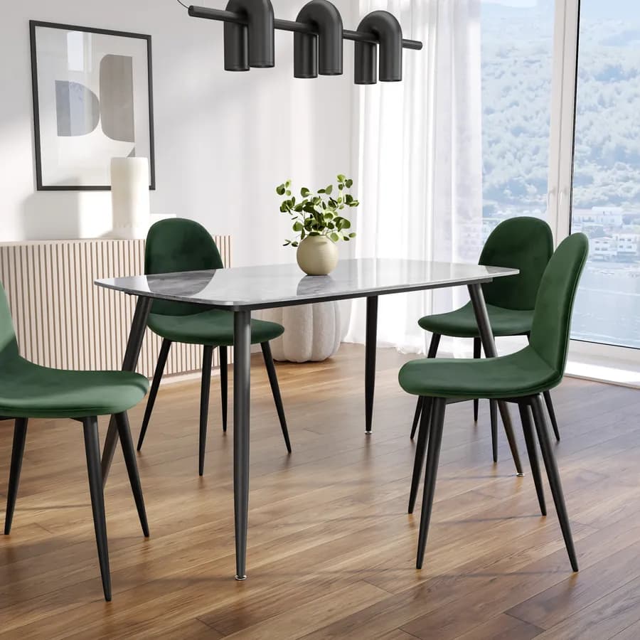 Tavolo 140x80 cm con piano in ceramica effetto marmo grigio lucido e gambe in metallo nero - Azure