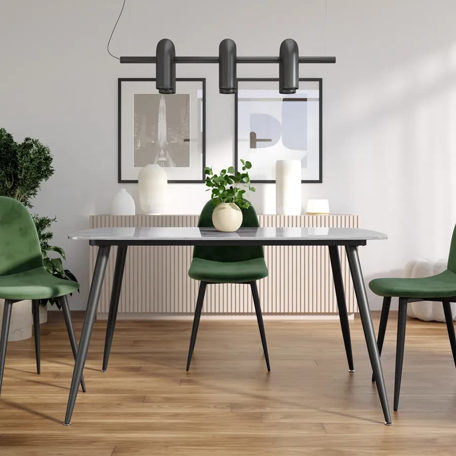 Tavolo 140x80 cm con piano in ceramica effetto marmo grigio lucido e gambe in metallo nero - Azure