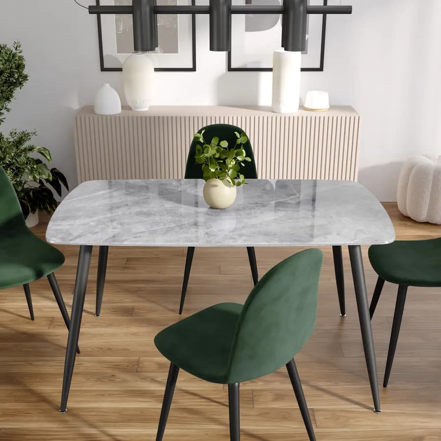 Tavolo 140x80 cm con piano in ceramica effetto marmo grigio lucido e gambe in metallo nero - Azure