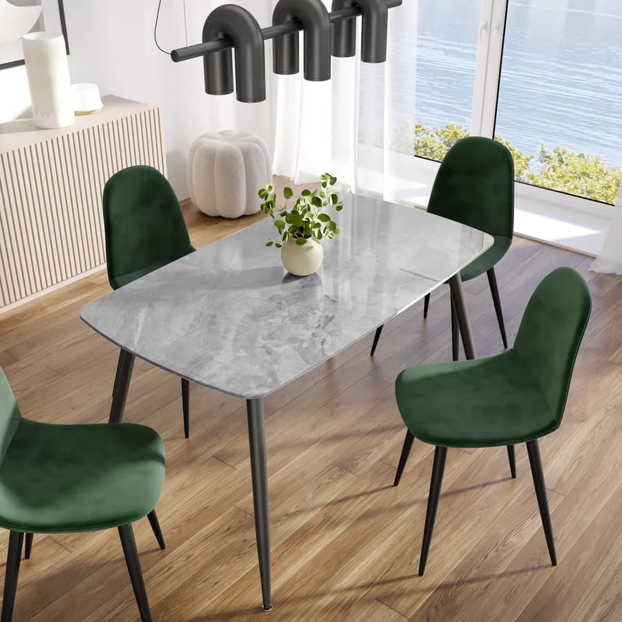Tavolo 140x80 cm con piano in ceramica effetto marmo grigio lucido e gambe in metallo nero - Azure