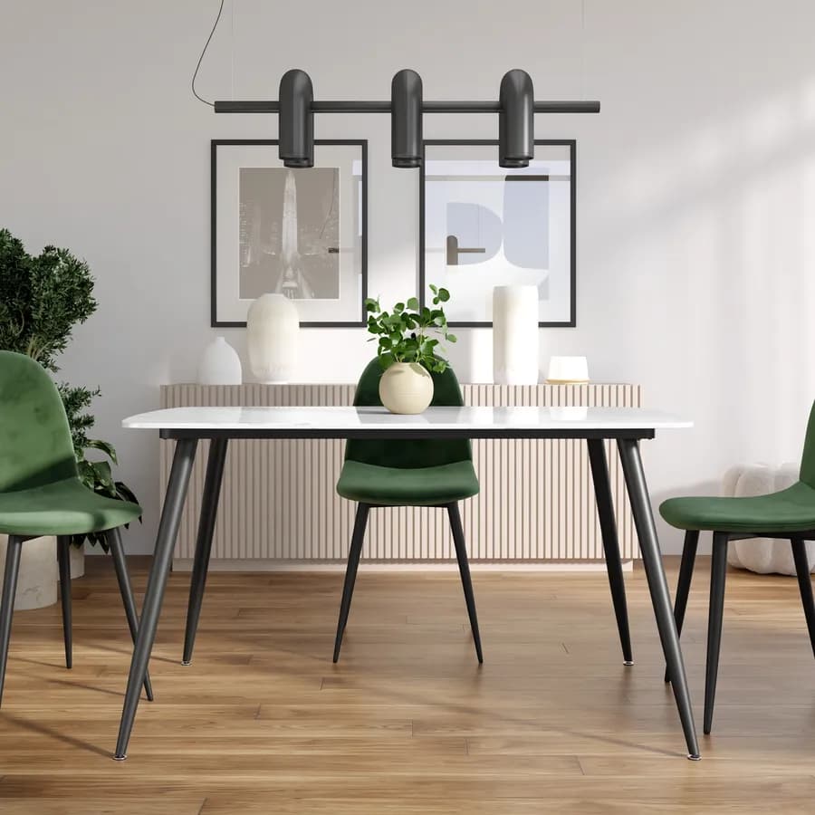 Tavolo 140x80 cm con piano in ceramica effetto marmo bianco e gambe in metallo nero - Azure