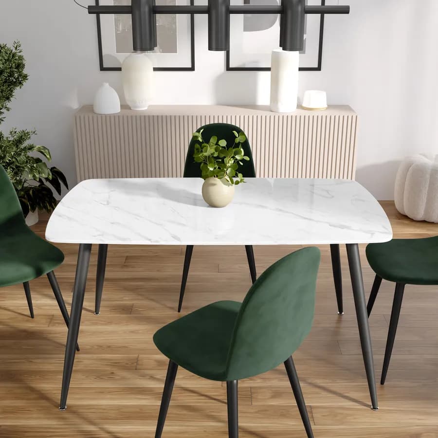 Tavolo 140x80 cm con piano in ceramica effetto marmo bianco e gambe in metallo nero - Azure
