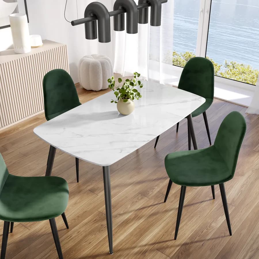 Tavolo 140x80 cm con piano in ceramica effetto marmo bianco e gambe in metallo nero - Azure