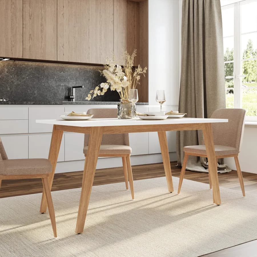 Tavolo 140x80 cm con top bianco e struttura in metallo effetto legno - Sinteo