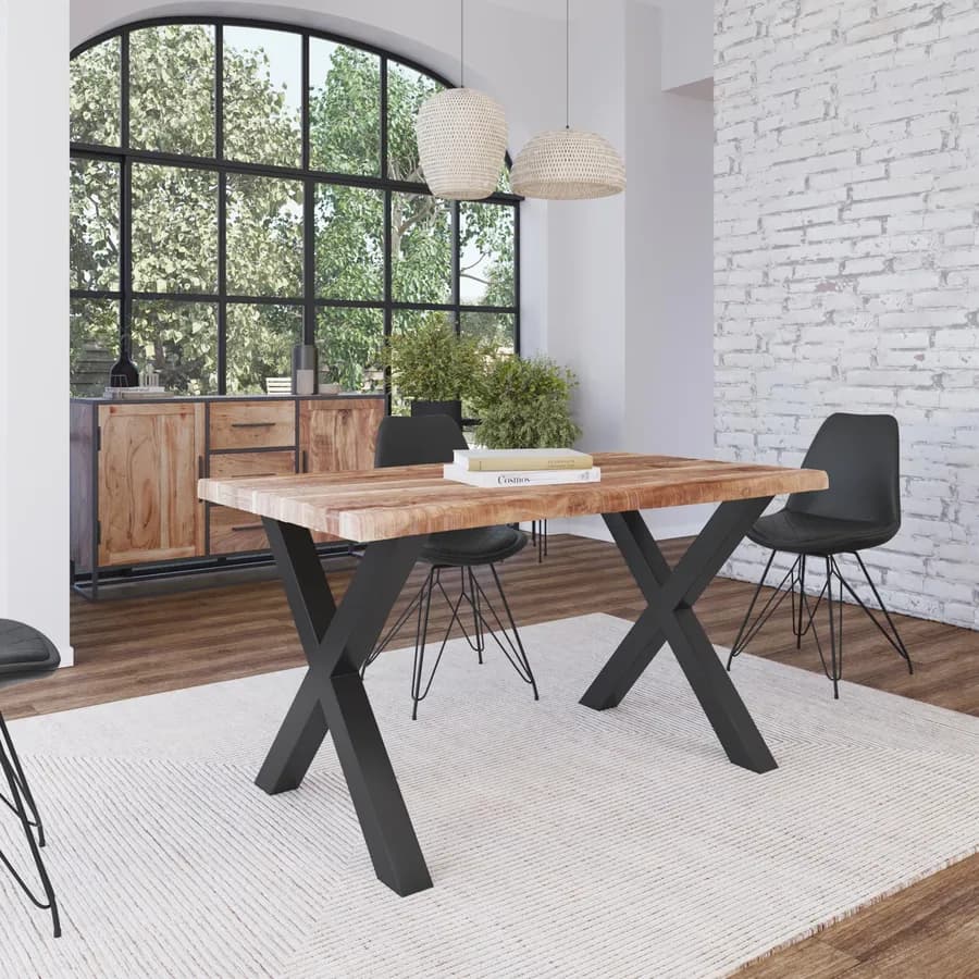 Tavolo 140x90 cm piano in legno di acacia 55 mm e gambe a X 8x8 in metallo nero - Freia Acacia