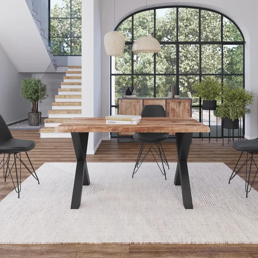 Tavolo 140x90 cm piano in legno di acacia 55 mm e gambe a X 8x8 in metallo nero - Freia Acacia