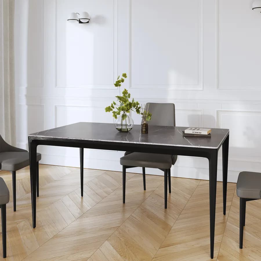 Tavolo 150x90 cm con piano in cermica effetto marmo grigio e gambe nere - Kurier