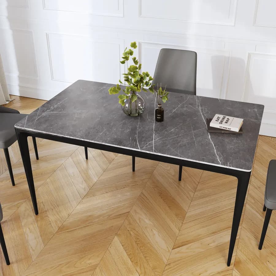 Tavolo 150x90 cm con piano in cermica effetto marmo grigio e gambe nere - Kurier