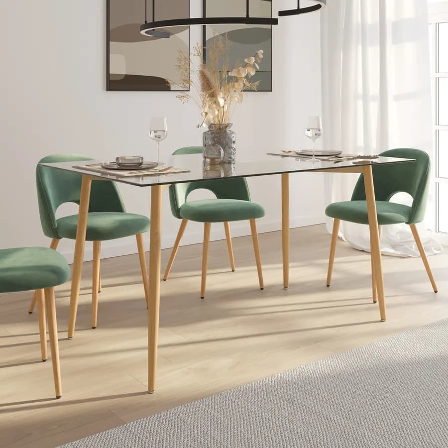 Tavolo 150x90 cm con piano in vetro e gambe rovere - Derry