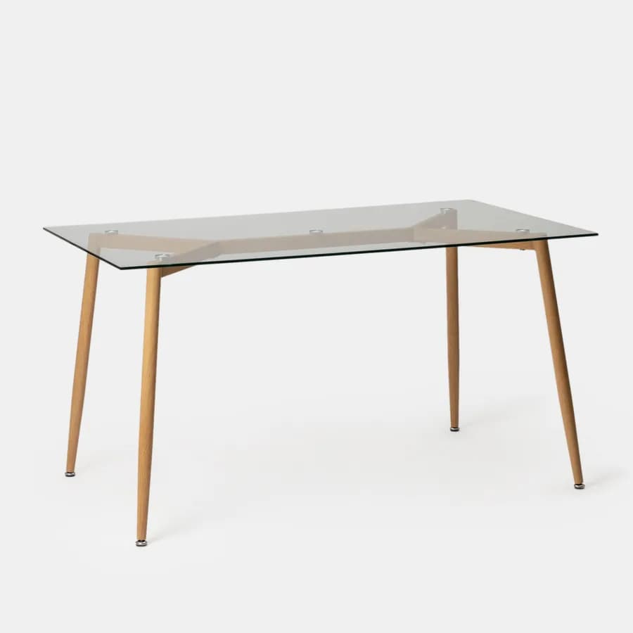 Tavolo 150x90 cm con piano in vetro e gambe rovere - Derry