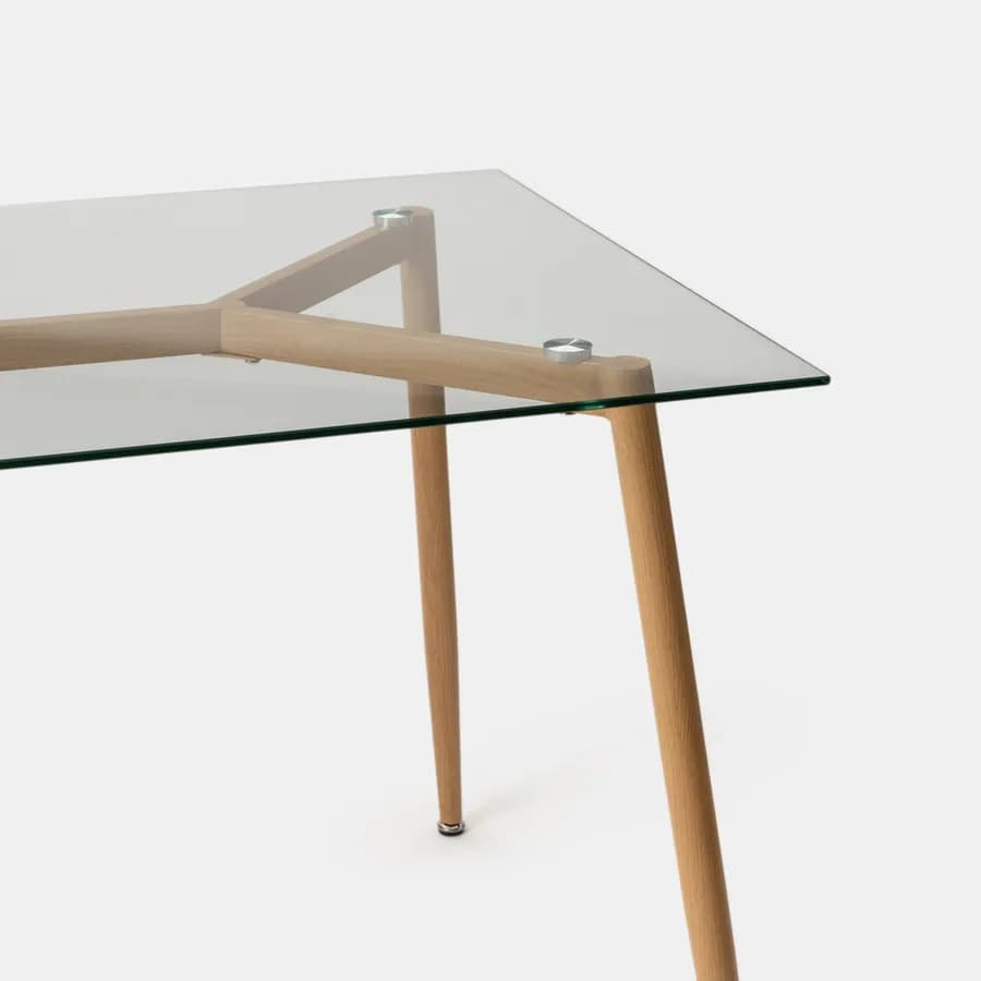 Tavolo 150x90 cm con piano in vetro e gambe rovere - Derry