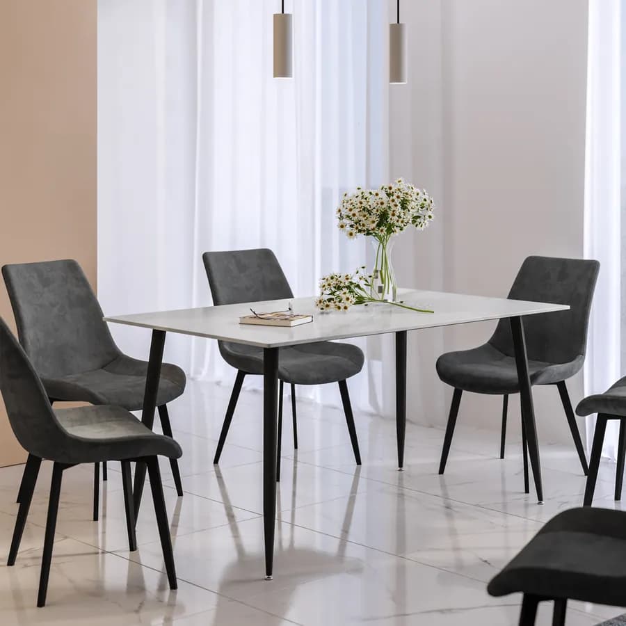 Tavolo 150x90 cm piano in pietra effetto marmo e gambe in metallo nero - Shore