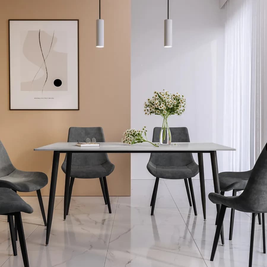 Tavolo 150x90 cm piano in pietra effetto marmo e gambe in metallo nero - Shore
