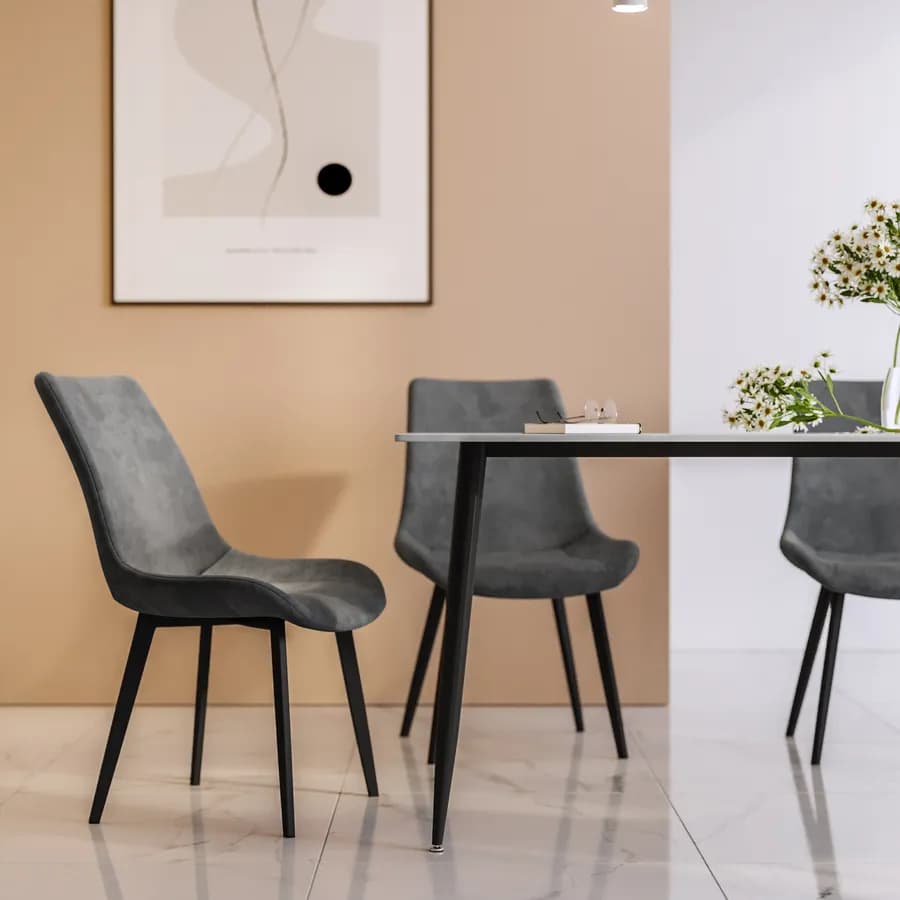 Tavolo 150x90 cm piano in pietra effetto marmo e gambe in metallo nero - Shore