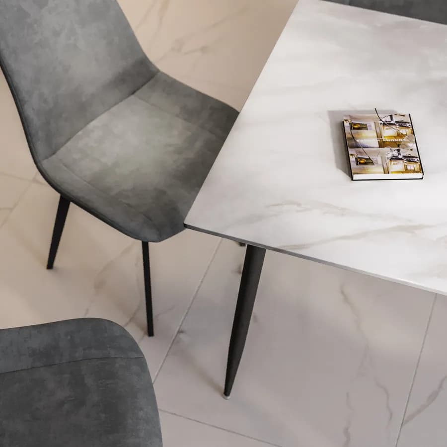 Tavolo 150x90 cm piano in pietra effetto marmo e gambe in metallo nero - Shore