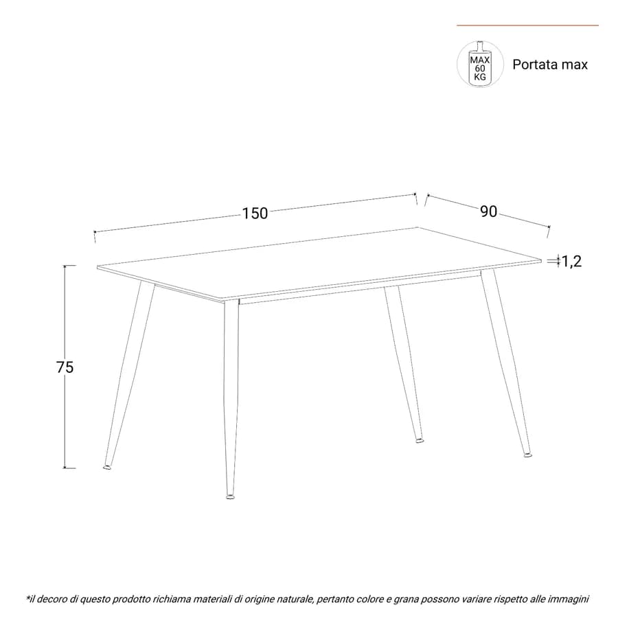 Tavolo 150x90 cm piano in pietra effetto marmo e gambe in metallo nero - Shore